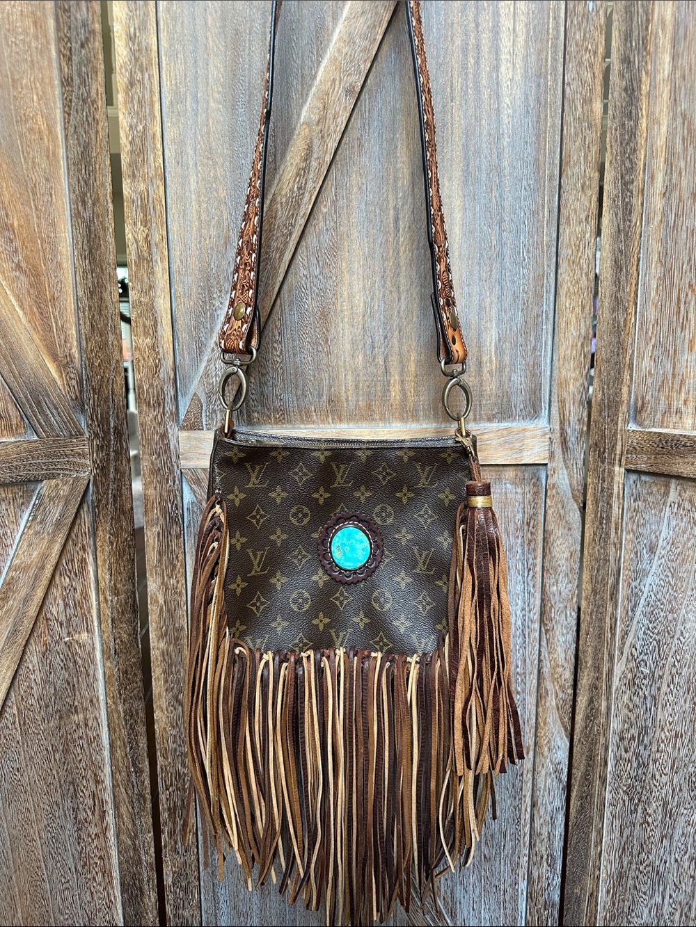 Louis Vuitton World Traveler Vintage Boho Fringe Crossbody Turquoise Pendant